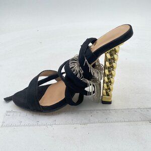 FSJ Black Gold Metal Chain Chunky High Heel Rhinestone Tassel Ankle Strap Sandal